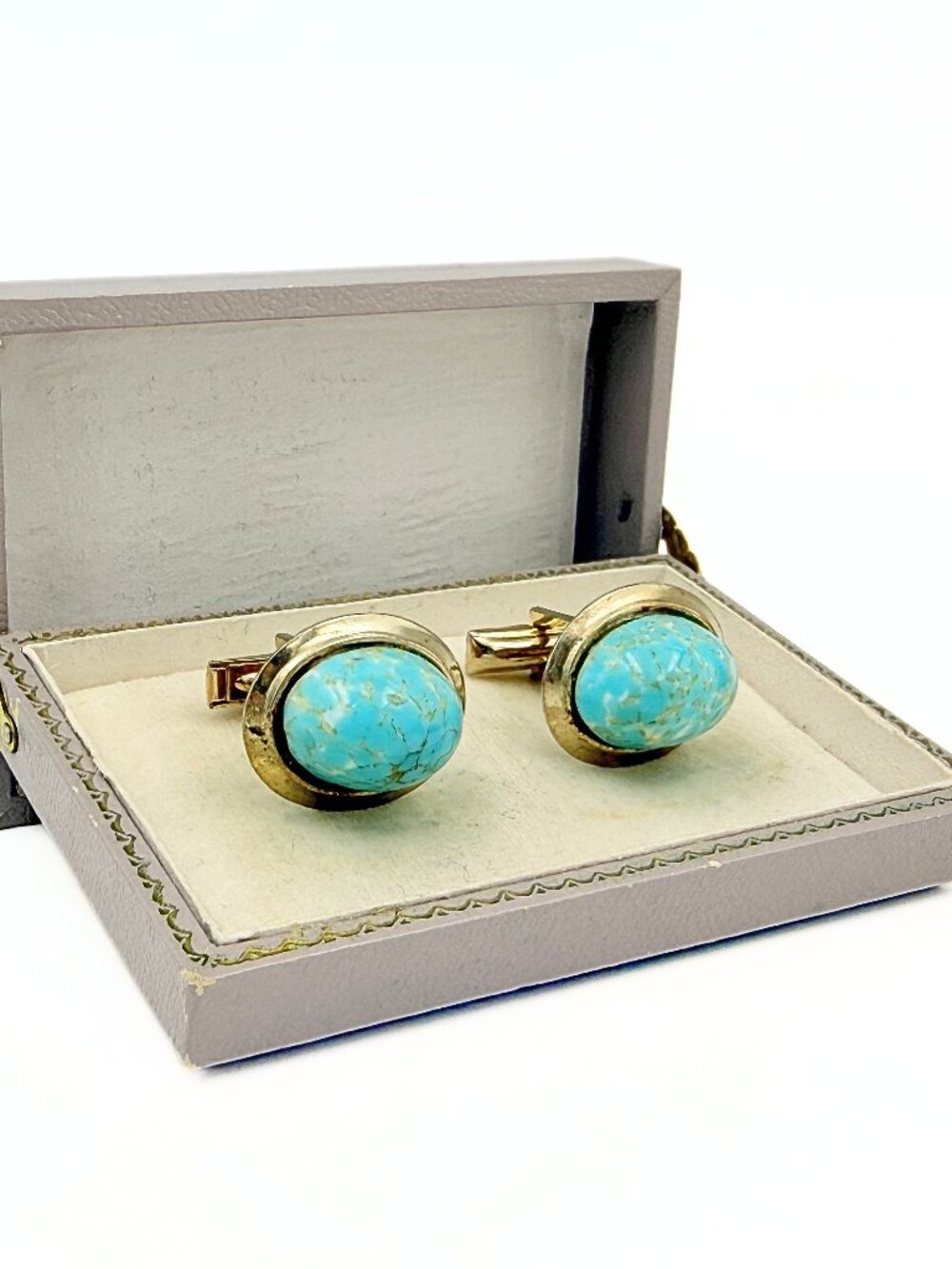 Minimalist Peking Glass Turquoise Cab Gold Plated MCM Cufflinks